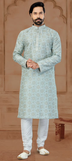 Black and Grey color Kurta Pyjamas in Dupion Silk fabric with Digital Print, Thread work