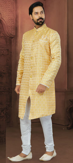 Yellow color IndoWestern Dress in Banarasi Silk, Jacquard fabric with Embroidered, Thread work