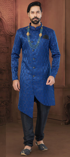 Blue color IndoWestern Dress in Imported, Jacquard fabric with Embroidered, Thread work