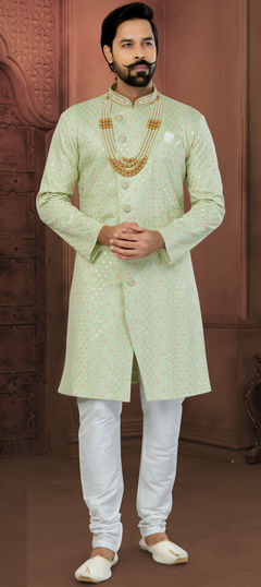 Green color Sherwani in Silk fabric with Embroidered, Resham, Sequence, Thread, Zardozi work