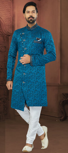 Blue color IndoWestern Dress in Imported, Jacquard fabric with Embroidered, Thread work