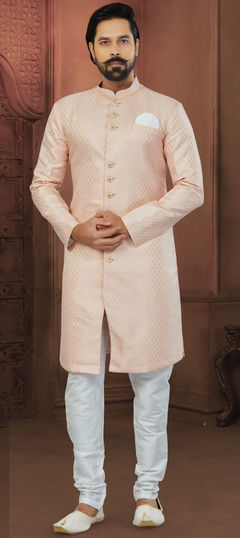 Pink and Majenta color IndoWestern Dress in Banarasi Silk, Jacquard fabric with Embroidered, Thread work