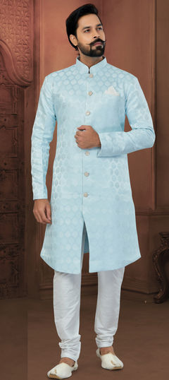 Blue color IndoWestern Dress in Imported, Jacquard fabric with Embroidered, Thread work