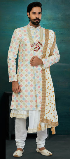 Gold color Sherwani in Silk fabric with Bugle Beads, Cut Dana, Embroidered, Resham, Sequence, Thread work