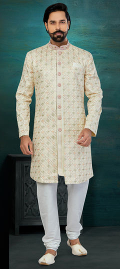 Gold color Sherwani in Silk fabric with Bugle Beads, Cut Dana, Embroidered, Resham, Sequence, Thread work