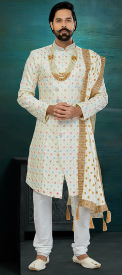 Beige and Brown color Sherwani in Silk fabric with Bugle Beads, Cut Dana, Embroidered, Resham, Sequence, Thread work