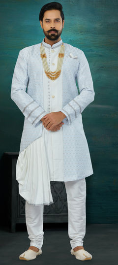 Blue, White and Off White color Sherwani in Art Silk, Banarasi Silk, Jacquard fabric with Embroidered, Sequence, Thread work