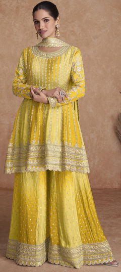 Yellow color Salwar Kameez in Art Silk fabric with Embroidered, Sequence, Thread, Zari work