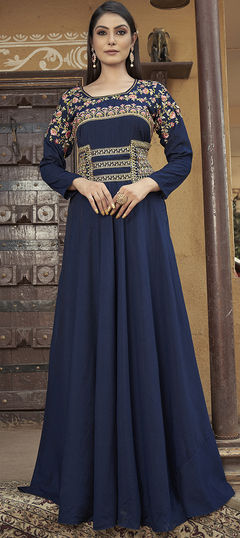 Party Wear, Reception Blue color Gown in Muslin fabric with Embroidered, Resham, Thread, Zari work : 1895218