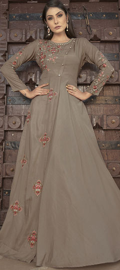 Party Wear, Reception Beige and Brown color Gown in Muslin fabric with Embroidered, Resham, Thread, Zari work : 1895220