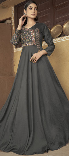 Party Wear, Reception Black and Grey color Gown in Muslin fabric with Embroidered, Resham, Thread, Zari work : 1895223