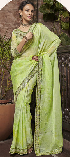 Green color Saree in Organza Silk fabric with Digital Print, Embroidered, Thread work