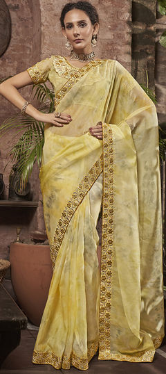 Party Wear, Reception, Traditional Yellow color Saree in Organza Silk fabric with Classic, South Digital Print, Embroidered, Thread work : 1895568