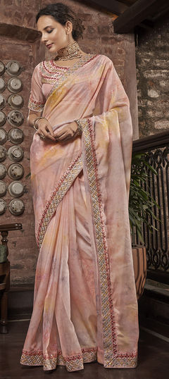 Pink and Majenta color Saree in Organza Silk fabric with Digital Print, Embroidered, Thread work