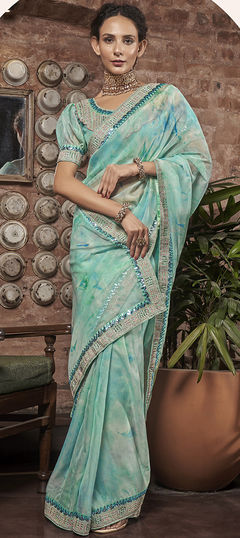 Blue color Saree in Organza Silk fabric with Digital Print, Embroidered, Thread work