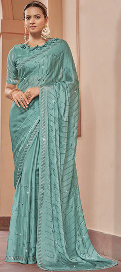 Festive, Party Wear, Reception Blue color Saree in Chiffon fabric with Classic Stone, Swarovski work : 1895596