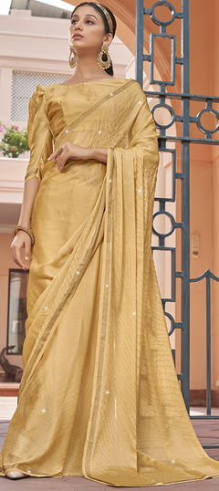 Yellow color Saree in Chiffon fabric with Stone, Swarovski work