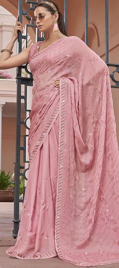 Pink and Majenta color Saree in Chiffon fabric with Stone, Swarovski work