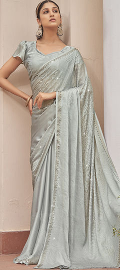 Black and Grey color Saree in Chiffon fabric with Stone, Swarovski work