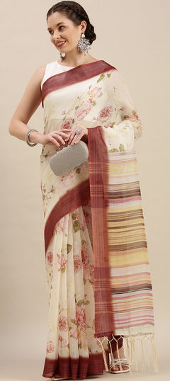 Party Wear, Traditional White and Off White color Saree in Linen fabric with Bengali Digital Print, Floral work : 1895718