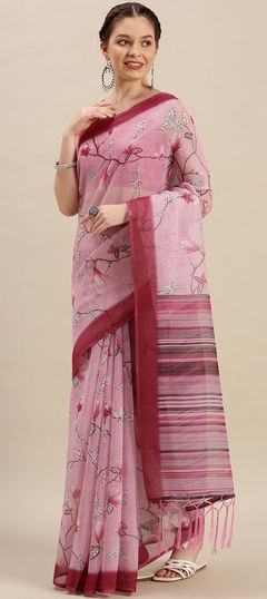 Party Wear, Traditional Pink and Majenta color Saree in Linen fabric with Bengali Digital Print, Floral work : 1895727