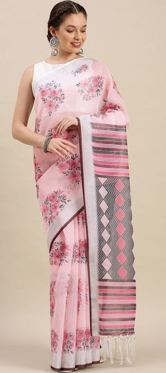 Party Wear, Traditional Pink and Majenta color Saree in Linen fabric with Bengali Digital Print, Floral work : 1895737