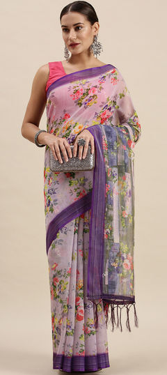 Party Wear, Traditional Purple and Violet color Saree in Linen fabric with Bengali Digital Print, Floral work : 1895751