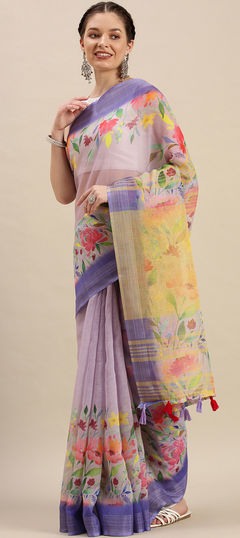 Party Wear, Traditional Purple and Violet color Saree in Linen fabric with Bengali Digital Print, Floral work : 1895754