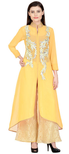 Party Wear Yellow color Salwar Kameez in Georgette fabric with Palazzo Embroidered, Resham, Thread work : 1895769