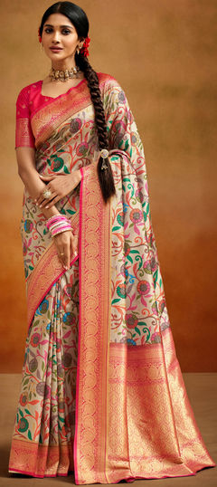 Beige and Brown color Saree in Banarasi Silk, Handloom fabric with Printed, Weaving work