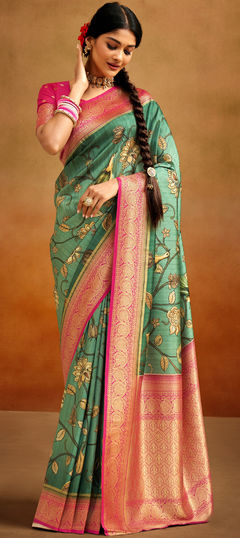 Green color Saree in Banarasi Silk, Handloom fabric with Printed, Weaving work