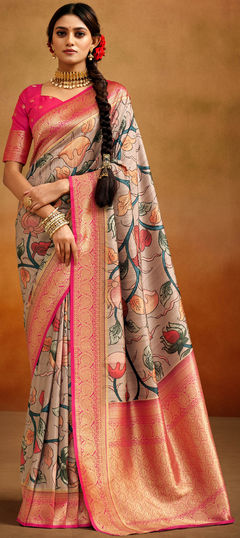 Multicolor color Saree in Banarasi Silk, Handloom fabric with Printed, Weaving work