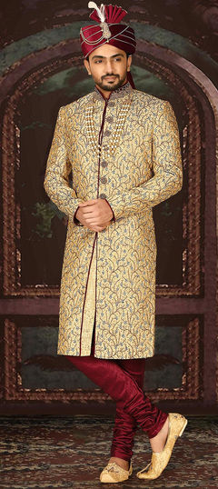 Wedding Beige and Brown color Sherwani in Jamawar fabric with Bugle Beads, Moti work : 1895981