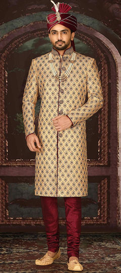 Beige and Brown color Sherwani in Jamawar fabric with Bugle Beads, Moti, Resham, Thread work