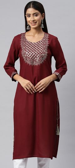 Red and Maroon color Kurti in Cotton fabric with Resham, Sequence, Thread, Zari work