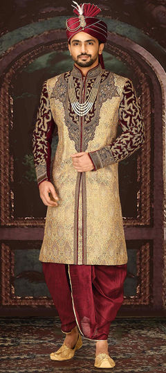 Beige and Brown color Dhoti Sherwani in Jamawar fabric with Bugle Beads, Patch, Thread, Zari work