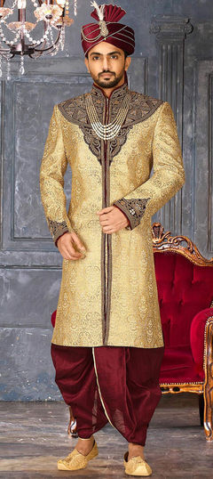 Beige and Brown color Dhoti Sherwani in Jamawar fabric with Bugle Beads, Patch, Thread, Zari work