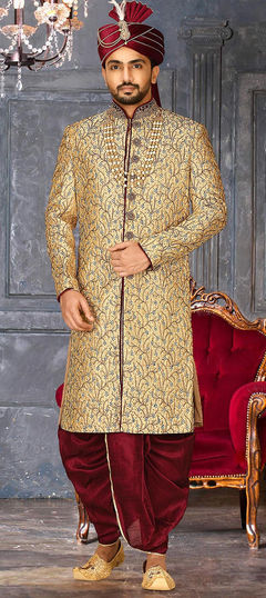 Beige and Brown color Dhoti Sherwani in Jamawar fabric with Bugle Beads, Moti work