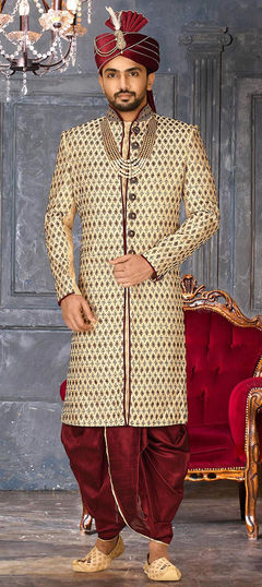 Beige and Brown color Dhoti Sherwani in Jamawar fabric with Bugle Beads, Moti work