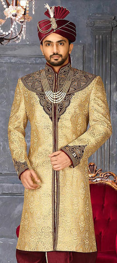 Party Wear Beige and Brown color Blazer in Jamawar fabric with Bugle Beads, Patch, Thread, Zari work : 1896055