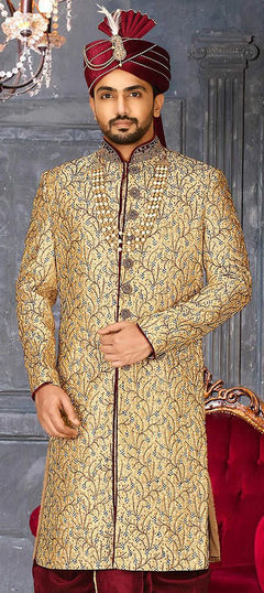 Beige and Brown color Blazer in Jamawar fabric with Bugle Beads, Moti work