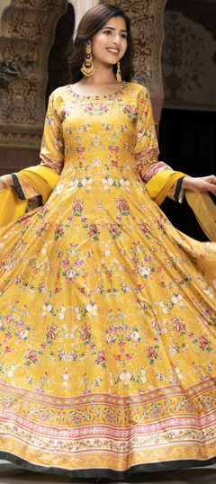 Festive, Mehendi Sangeet, Party Wear, Reception Yellow color Gown in Dolla Silk fabric with Cut Dana, Digital Print, Floral, Thread work : 1896262