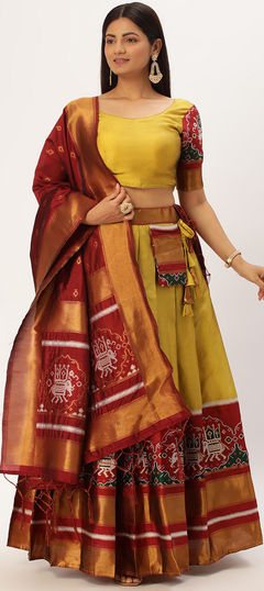 Yellow color Lehenga in Litchi Silk fabric with Printed work