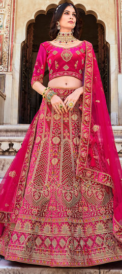 Pink and Majenta color Lehenga in Velvet fabric with Embroidered, Thread, Zari, Zircon work