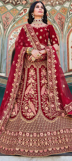 Red and Maroon color Lehenga in Velvet fabric with Embroidered, Thread, Zari, Zircon work