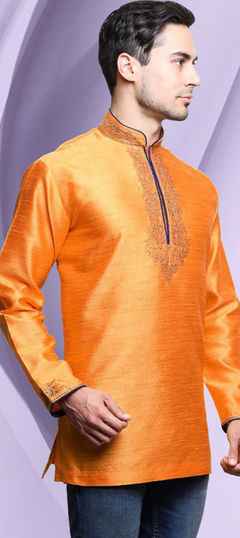 Orange color Kurta in Dupion Silk fabric with Embroidered work