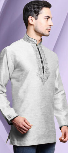 Black and Grey color Kurta in Dupion Silk fabric with Embroidered work