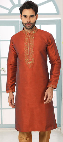 Orange color Kurta in Dupion Silk fabric with Embroidered, Thread work