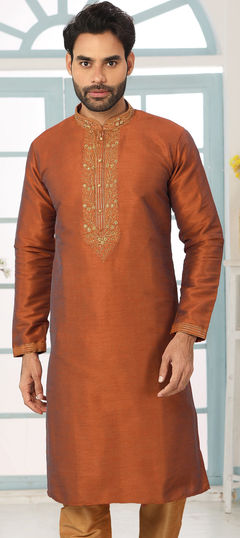 Yellow color Kurta in Dupion Silk fabric with Embroidered, Thread work