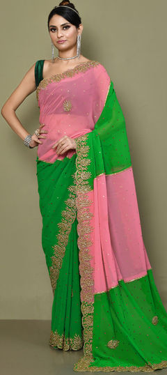 Green, Pink and Majenta color Saree in Georgette fabric with Cut Dana, Stone, Zardozi work